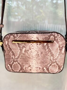 Fossil Leather Snakeskin Crossbody Camera Bag Gold Hardware EUC